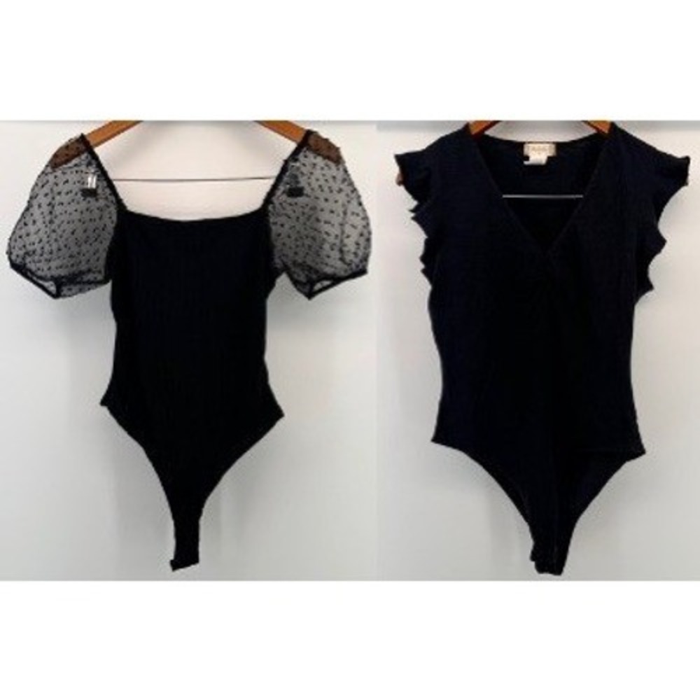 Altar'd State Black Bodysuit Set Flutter Sleeve V-Neck & Sheer Puff Sleeve M